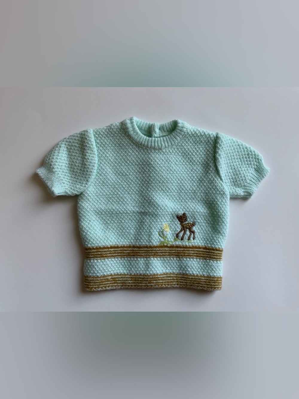 Baby Knit Pullover Sweater - Mint with Brown Deer Embroidery